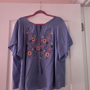 SHEIN Blue Floral Embroidered Tunic with Tassel Tie